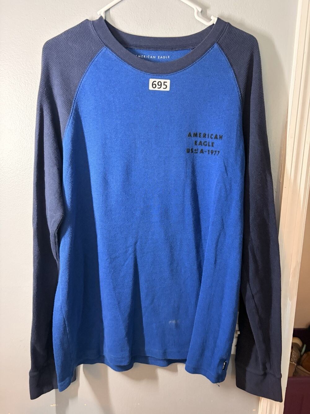 American Eagle Pullover Shirt Sweater Blue Thermal Logo Men Size large